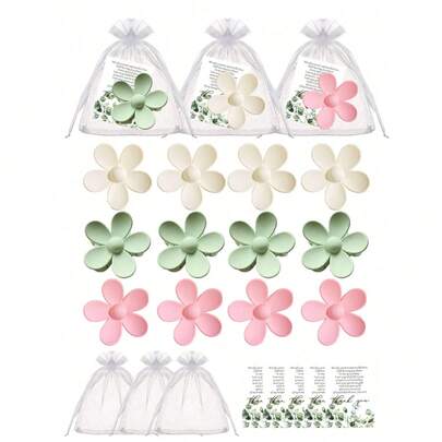 3件套婚礼花朵发夹礼盒套装，包含5瓣花朵发夹、感谢卡和10*12厘米礼品袋，适用于新娘、婚礼、单身派对、告别单身派对、婚礼配饰、新娘送礼会、派对用品、伴娘礼物、婚礼回礼、生日礼物、毕业礼物、母亲节礼物。