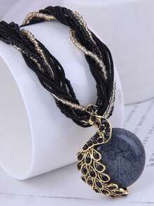 1pc Fashionable Peacock Pendant Necklace, Boho Style Tassel Retro Necklace With Beads For Women - Green - View 9