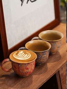 1pc 260ml Ceramic Cup, Breakfast Milk Cup, Oatmeal Cup, Flower Tea Cup, Latte Art Coffee Cup, Espresso Cup, Office Water Cup, Hanging Ear Coffee Cup, Ceramic Cup, Creative Crackle Glaze Ceramic Mug, Beverage Cup, Coffee Cup - Multicolor - View 3