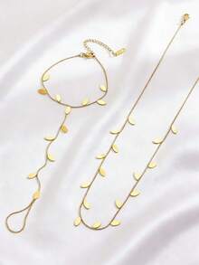 复古优雅简约时尚树叶项链和指链套装，不锈钢首饰，女士首饰套装，百搭日常休闲夏季海滩度假首饰配饰项链手链 - 金色 - 查看 5