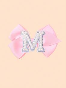 1 pieza Lazo para el cabello con inicial de la A a la Z, color rosa, con perlas y diamante de imitación, clip para el cabello tipo moño de animadora para volver a la escuela y ocasiones especiales - Rosa - Ver 33