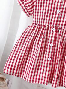 Vestido de manga corta con cuello redondo, estilo colegial, versátil y lindo para salidas de primavera/verano, con bordado y rayas para niñas bebé - Rojo - Ver 3
