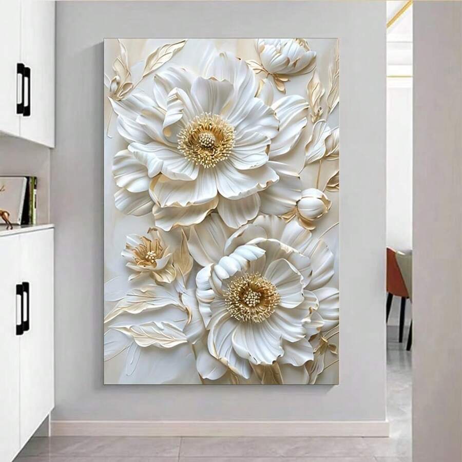 1pc White Floral Wall Art Canvas Print, Frameless Modern Abstract Golden Accents Decor, Canvas Poster For Living Room And Bedroom - No Frame - 222 - View 1