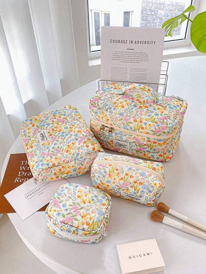 1件/套 大容量彩色花卉印花旅行化妆包，时尚旅行洗漱包，多功能化妆品收纳袋，带拉链的便携式化妆品整理包，柔软绗缝面料手提包，数码钱包，相机包，数码包，可爱卫生巾收纳袋，适合存放化妆品、护肤品、口红、化妆刷、护手霜、耳机、硬币、钥匙等，适用于居家、旅行、度假和学校使用，教师节礼物，情人节礼物