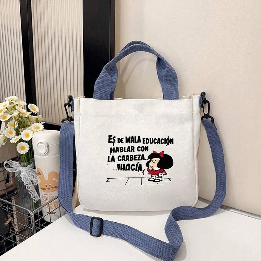 西班牙语短语 Mafalda 印花手提包 - 西班牙设计磁扣单肩/手提包,可机洗,适合上学、工作、旅行 - 可爱的西班牙标语包(酒红色) - 寶藍色 - 查看 1
