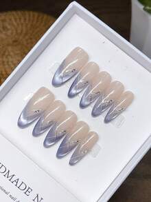 Pure Handmade Press-On Nails, Almond Shape, Purple Hand-Painted Cat Eye Press-On Nails, Y2K, Minimalist Design Nail Art, Full Coverake Nails, Y2K Nails, Stamping Nail Art, Unique Niche Creative Fake Nails, Daily Nail Art, Daily Use, Summer Spring Nails - Multicolor - View 5