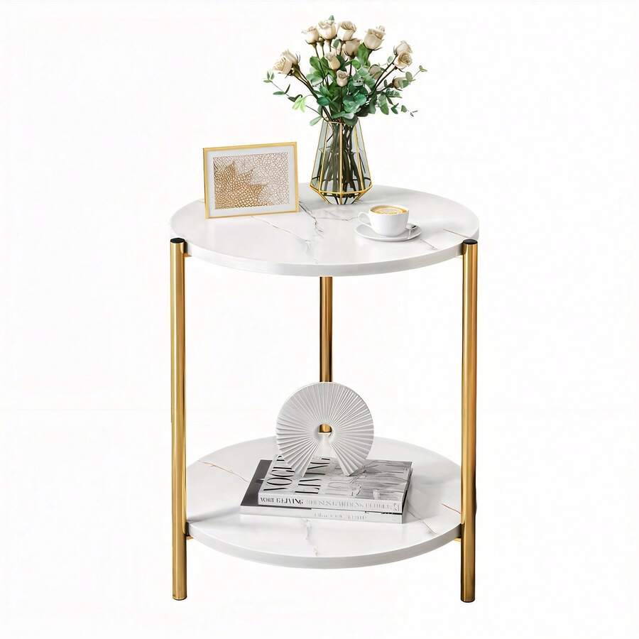 EZIFY Double-Tier Round Side Table, Minimalist Accent Table, Dual-Purpose Indoor Outdoor Table With Metal Reinforcement, Easy Assembly For Bedroom Living Room