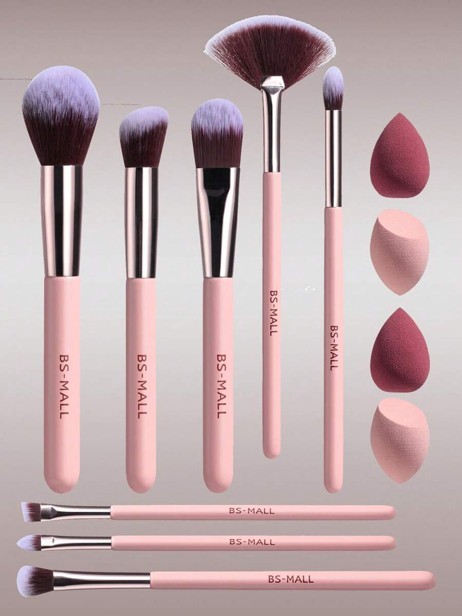 BS-MALL High Cost-Effective Precise Seamless Makeup 12pcs Set, 8pcs Pink Makeup Brushes + 4pcs Makeup Sponges, Blush Brush, Eyeshadow Brush, Fan Brush - Pink - View 1