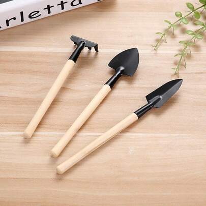 [Wooden Handle Garden Rake Shovel] 3pcs/Set Mini Garden Tool Set, Wooden Handle Flower Rake & Small Shovel For Planting Seeds, Succulents, Potting Supplies