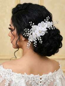 1 pièce Épingle à cheveux de mariée avec design floral élégant, décoré de perles et de strass. Accessoire de cheveux fait main convenant pour le mariage, les fêtes et les coiffures - Argent - Voir 2