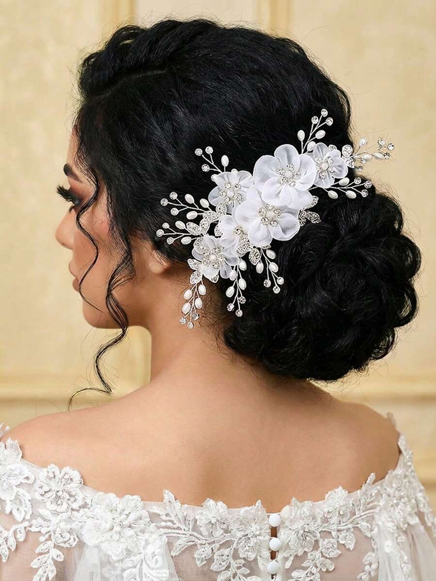 1 pièce Épingle à cheveux de mariée avec design floral élégant, décoré de perles et de strass. Accessoire de cheveux fait main convenant pour le mariage, les fêtes et les coiffures