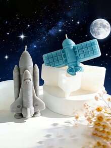 1个宇宙系列主题蜡烛模具，卡通卫星蜡烛模具/飞机蜡烛模具，优质硅胶材质，耐热易脱模，易于存放，可用于制作石膏饰品、手工皂、香薰蜡烛等。 - 火箭模具 - 查看 1
