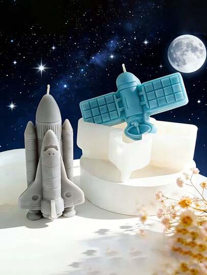 1个宇宙系列主题蜡烛模具，卡通卫星蜡烛模具/飞机蜡烛模具，优质硅胶材质，耐热易脱模，易于存放，可用于制作石膏饰品、手工皂、香薰蜡烛等。