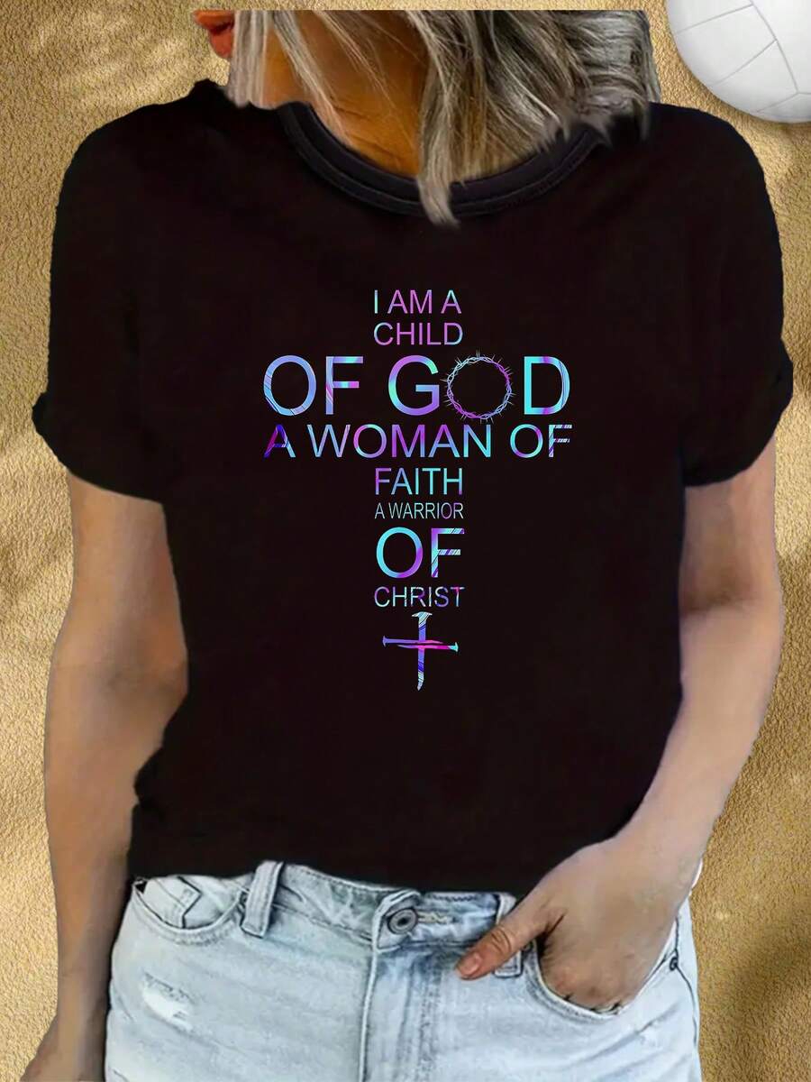 Christian T Shirt Black I Am A Child Of God A Woman Of Faith A Warrior Of Christ Cross And Crown Of Thorns Print For Women Church Worship Events And Daily Wear Artistic Sun & Moon Design Soft & Breathable Crew Neck Tee For Casual Wear Short Sleeve Lightweight Fabric For All Seasons Good Christmas Gift Arhletic T-Shirt, Y200K T-Shirt - 黑色 - 查看 1