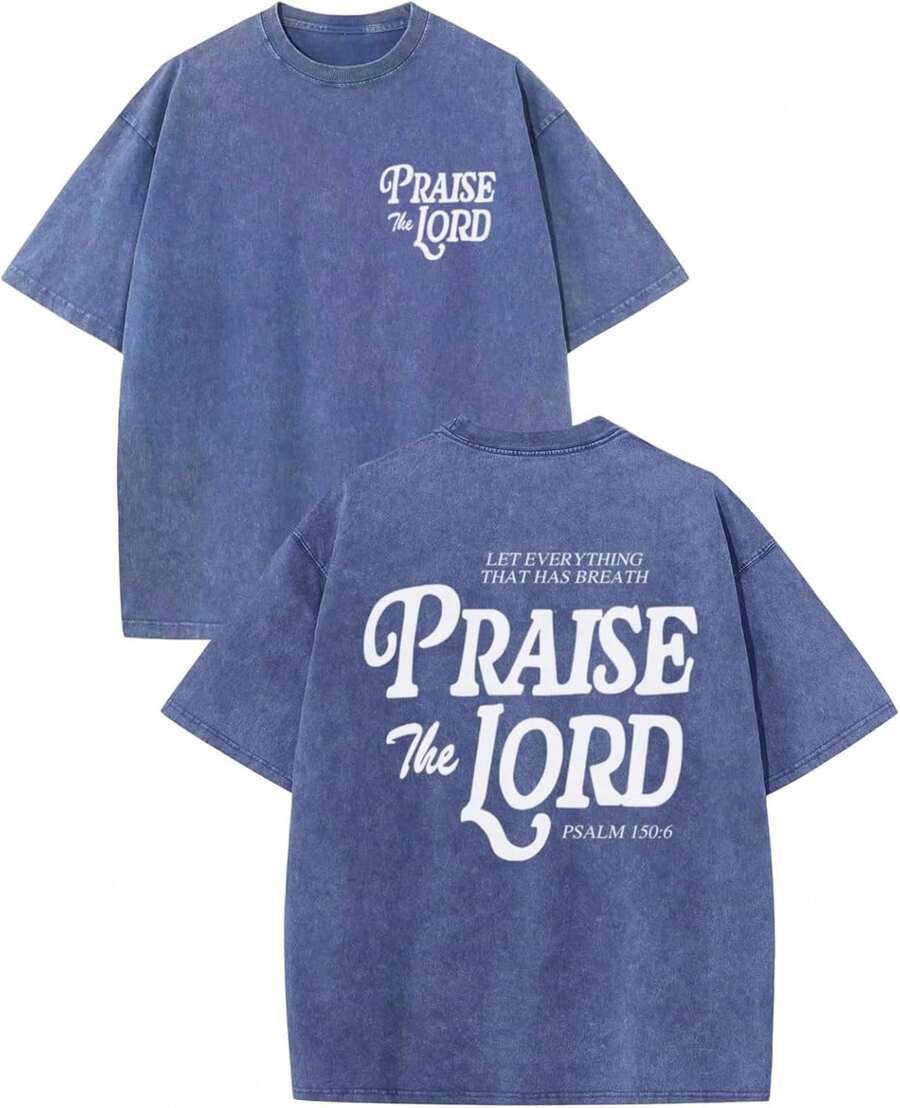 100% Cotton Christian Jesus Shirts For Men Religious Praise The Lord Bible Verse Shirt Oversized Graphic Tees Acid Wash Tshirt- Unisex Women's & Men - 藍色 - 查看 1