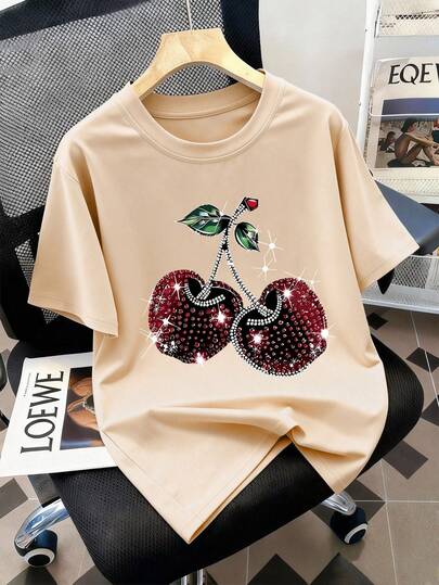1pc Cherry Rhinestone Print Short Sleeve T-Shirt, Casual Loose Sporty Style Round Neck Tee For Teenage Girls, Perfect Summer Gift For School And Outdoor Wear, Suitable For Spring/Summer