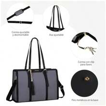 Bolsa Tote para Laptop de Mujer 17" Cuero PU Impermeable y Lona Premium Compartimento Acolchado y Gran capacidad Ideal para Negocios Oficina Universidad y Uso Diario Estilo Elegante y Profesional - Gris con Negro - Ver 3