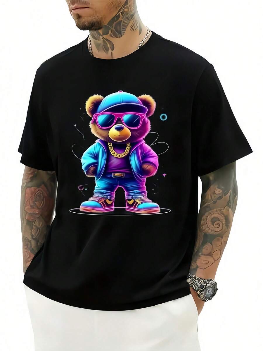 1pc Man' S Hip Hop Bear Print Black TShirt, Crew Neck, Casual Cotton Tee, Medium Stretch Knit Fabric, Regular Fit For Boys& Man, Perfect For Spring/Summer/Fall - 黑色 - 查看 1