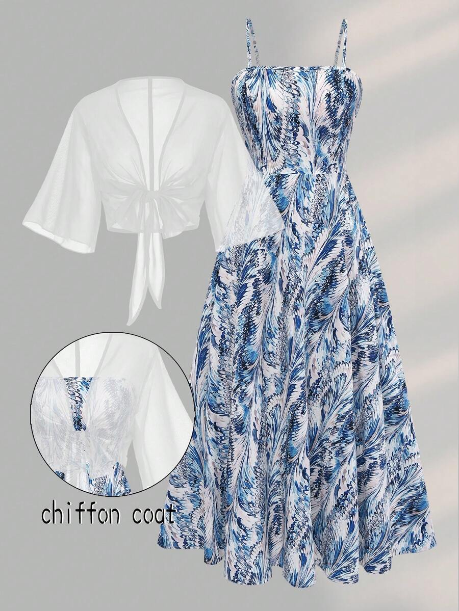 Women's Elegant Sunflower Print Chiffon Dress & Jacket Two Pieces Set, Graceful Beach Holiday Outfit Spring - Multicolor - View 1