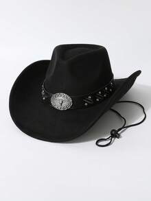 1顶男女通用牛仔帽，独特牛头水钻皮带遮阳帽，新款复古赛博朋克时尚酷炫新奇朋克可调节宽檐帽，街头风造型，男士礼物，适合派对、西部主题活动、聚会、角色扮演、毕业典礼、化装舞会、节日、生日庆典、音乐节、徒步旅行等场合。 - A - 查看 2