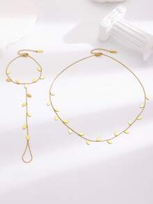 复古优雅简约时尚树叶项链和指链套装，不锈钢首饰，女士首饰套装，百搭日常休闲夏季海滩度假首饰配饰项链手链 - 金色 - 查看 4