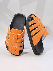1双女童米色编织厚底防滑拖鞋，适合日常休闲穿着 - 亮橙色 - 查看 3