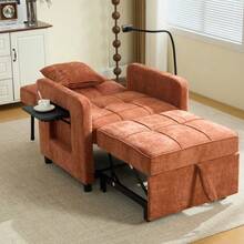 Two-In-One Sleeper Chair, Single Sleeper Sofa, Chenille Armchair (With Cushions And Side Pockets), With A Small Table On One Side And A Storage Bag On The Other, Complete - 橘色 - 查看 7