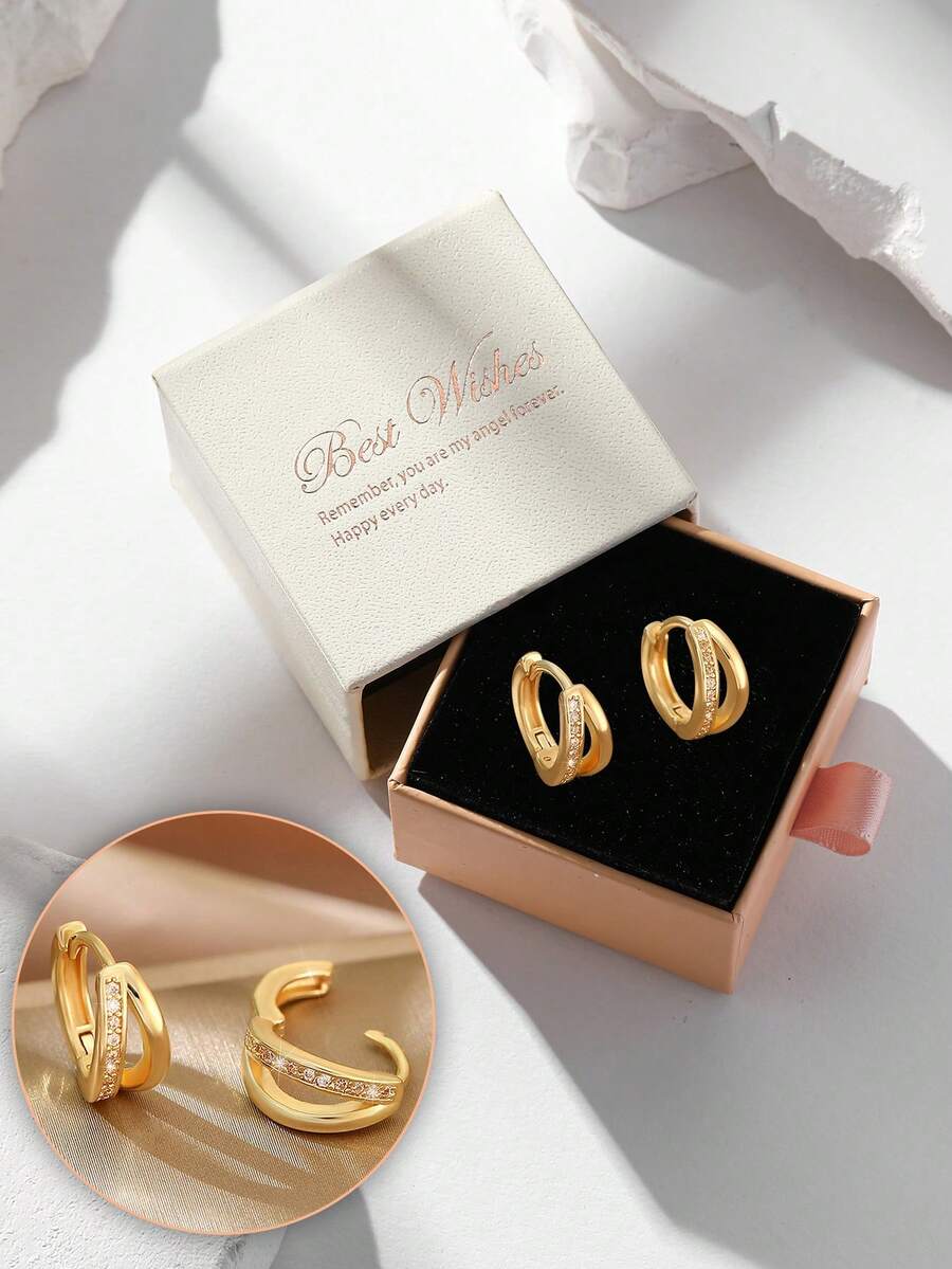 1 Pair Boxed Gold Criss-Cross Rhinestone Hoop Earrings, Modern Double Circle Minimalist Earrings, Geometric Delicate Jewelry - Gold - View 1