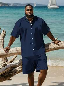 Plus Size Men's Shirt Set, Short Sleeve Shirt And Shorts 2-Piece, Solid Color Machine Washable - Navy Blue - View 6