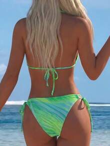 European And American Fashion Backless Bikini 2 Pieces Set, Pink Gradient Colorful Print Swimsuit, Summer Beach Essential - Multicolor - View 3