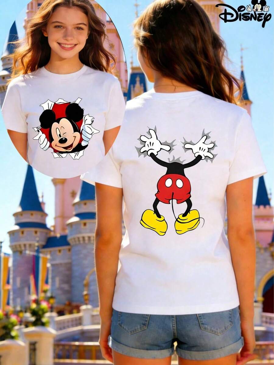 Women's Disney Mickey Mouse Peeking Short Sleeve Cotton Regular Fit Casual Round Neck T-Shirt - 白色 - 查看 1
