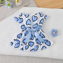 不对称蓝白爱心狗狗连衣裙，轻盈短袖宠物连衣裙，适合泰迪犬、贵宾犬和小型犬的夏季公主裙 - 白色 - 查看 1