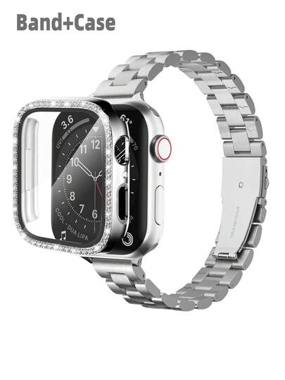 This 2 Pieces Set Includes An For Apple Watch Band And For Apple Watch Band Case, Featuring A 14mm Narrow, Stylish, And Youthful Silver Metal For Apple Watch Band And Diamond-Encrusted Case. It's A Two-In-One Protective Case Compatible With Apple Watches, Offering Shockproof, Scratch-Resistant, And Dustproof Protection
