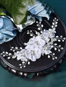 1 pièce Épingle à cheveux de mariée avec design floral élégant, décoré de perles et de strass. Accessoire de cheveux fait main convenant pour le mariage, les fêtes et les coiffures - Argent - Voir 6
