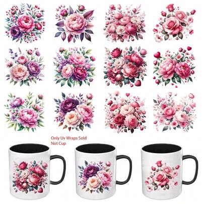 Juego de 12 envolturas UV DTF de alta calidad diseñadas para tumblers de 16 onzas con patrones florales de peonía alargados. Estas envolturas aisladas para tumblers ofrecen resistencia permanente a los arañazos para vasos y tazas, y son fáciles de pelar para una aplicación suave.
