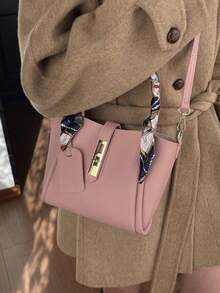 2pcs Spring New Fashion Litchi Grain PU 2-Piece Bag Set, Includes Handbag And Shoulder Bag, Minimalist Chic Commuter Style, Silk Scarf Bow Decor, Suitable For Women, Girls, Office Essential, Rivet Lace-Up Small Pendant Decor - Pink - View 7