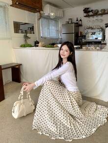 新款女式春季韩版弹力腰波点百褶长裙，百搭显瘦 - 杏色 - 查看 3