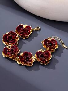 1pc Women's Fashion Rose Flower Bracelet, 3D Multi-Layer Petal Unique Design Exaggerated Bracelet, Burgundy Color Elegant Bracelet Suitable For Banquet, Valentine's Day Wear - Burgundy - View 5