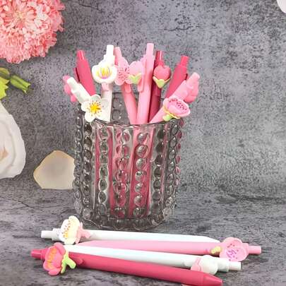 5支装彩色花卉主题按动式圆珠笔套装，浪漫花朵图案，适合学校、办公室、日记本和生日派对礼物，黑色墨水，书写流畅，爱花人士的理想之选。