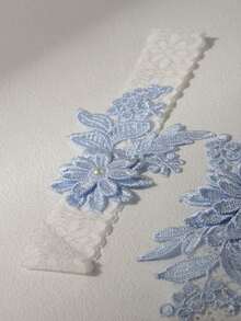2pcs/Set Fashionable White Lace Blue Faux Pearl Flower Romantic Wedding Bride Bridesmaid Sexy Suspender Garter Leg Chain Set (Random Pattern) Valentine's Day Valentines - 天藍色 - 查看 3