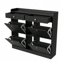 Edler weißer Schuhschrank mit 4 Klapptüren, 2 Schubladen, 3 offenen Fächern - perfekt für moderne Flure und Eingangsbereiche, Maße 110 x 26 x 100 cm - Schwarz - Übersicht 9