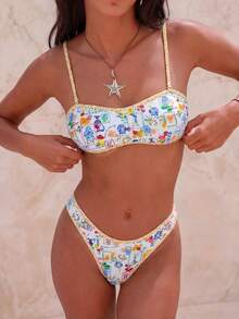 两件套女士印花搭配平胸比基尼，可拆卸肩带适合海岛度假摄影 - 彩色 - 查看 1