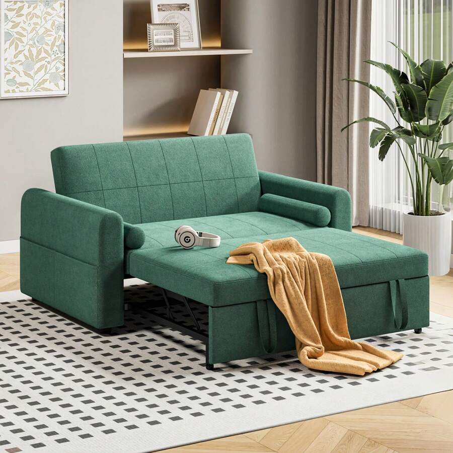 Jooli H 2 Seater Sofa Bed, 3-In-1 Convertible Pull Out Sleeper Sofa With 3-Position Adjustable Backrest, Side Pockets For Living Room, Guest Room, Green - Green - Two-seater - View 1
