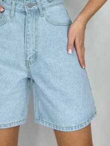 Quần short Bermuda denim dáng rộng, màu trơn, có túi, thích hợp cho nữ mùa hè. - Rửa nhẹ - Xem 5