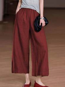 Women's Casual Bohemian Style White Elastic Waist Pocket Linen Wide Leg Pants, Summer Spring - Red - View 1