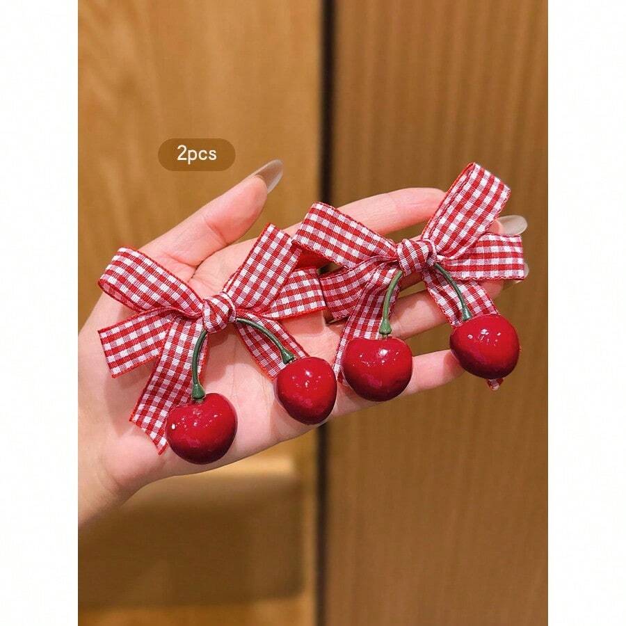 2pcs Cute Cherry Bow Hair Clips, Korean Fashion Hair Accessories Suitable For Everyday Use, Affordable, Hair Slide, Hair Barrettes, Head Accessories - 紅色 - 查看 1