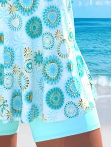 Elegant Women's Blue Swimsuit, Hollow Neckline Halter Top With Floral Print And Matching Shorts, Creating A Casual Yet Adorable Look For Summer Vacation - Màu xanh da trời - Xem 5