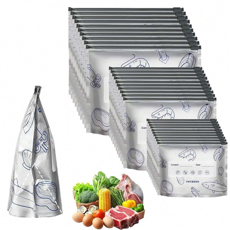 1/20/40/60个装可重复使用铝箔食品保鲜袋,非常适合冰箱或冷冻室收纳整理,超大拉链密封袋,适用于水果、蔬菜、肉类、谷物、坚果、零食、厨房用品 - 彩色 - 查看 1