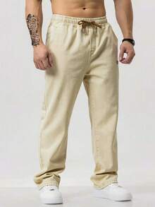 Men's Slant Pocket Drawstring Elastic Waist Washed Denim Jeans - Apricot - View 3