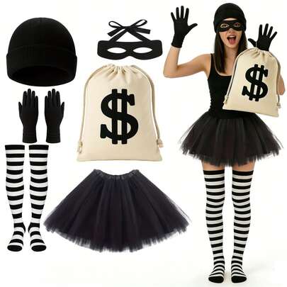 Women's Retro Robber Thief Costume Set, Halloween Accessories Include Hat, Striped Socks, Eye Mask, Gloves, Money Bag, Tutu Skirt, Suitable For Party, Carnival, Birthday Gift